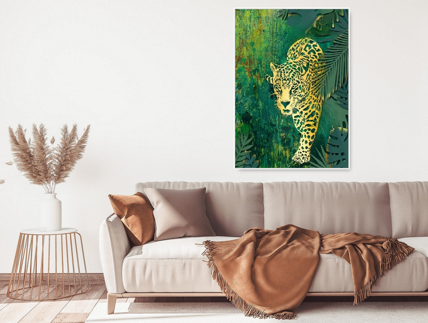 Leopard canvas wall art, animals artwork in floating frame, green hanging wall decor, printable nature wall art, large living room wall art