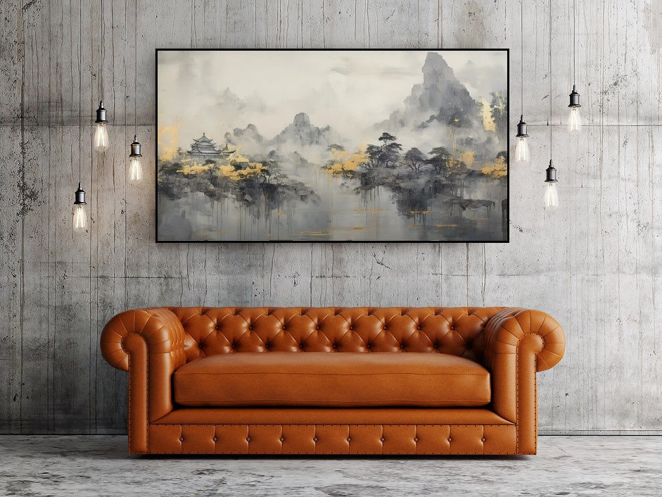 Smoky mountains wall art, floating frame landscape artwork, misty trees canvas print, Japanese hanging wall art, large grey artwork