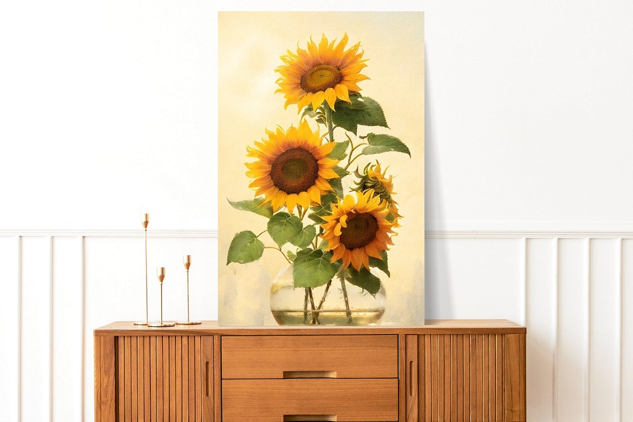 Large sunflower wall art, framed floral canvas print, printable watercolor flowers artwork, floater frame wall art, living room artwork