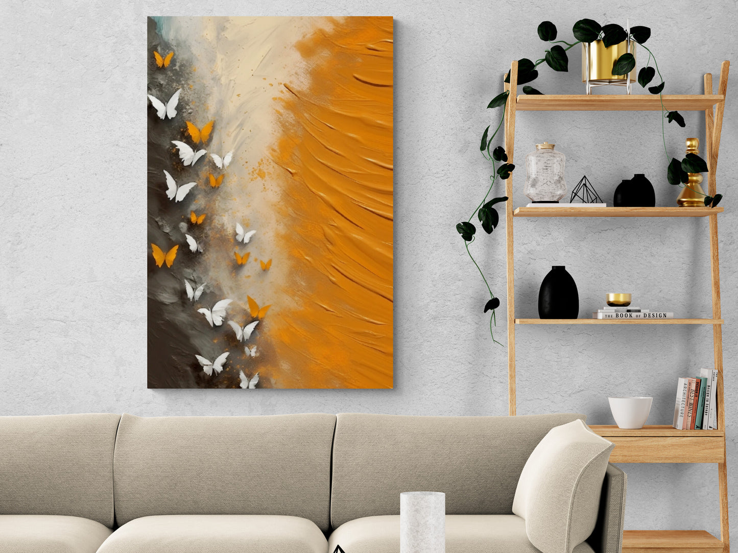 Abstract wall art, framed butterfly artwork, printable orange wall art, large floater frame canvas print, contemporary living room wall art