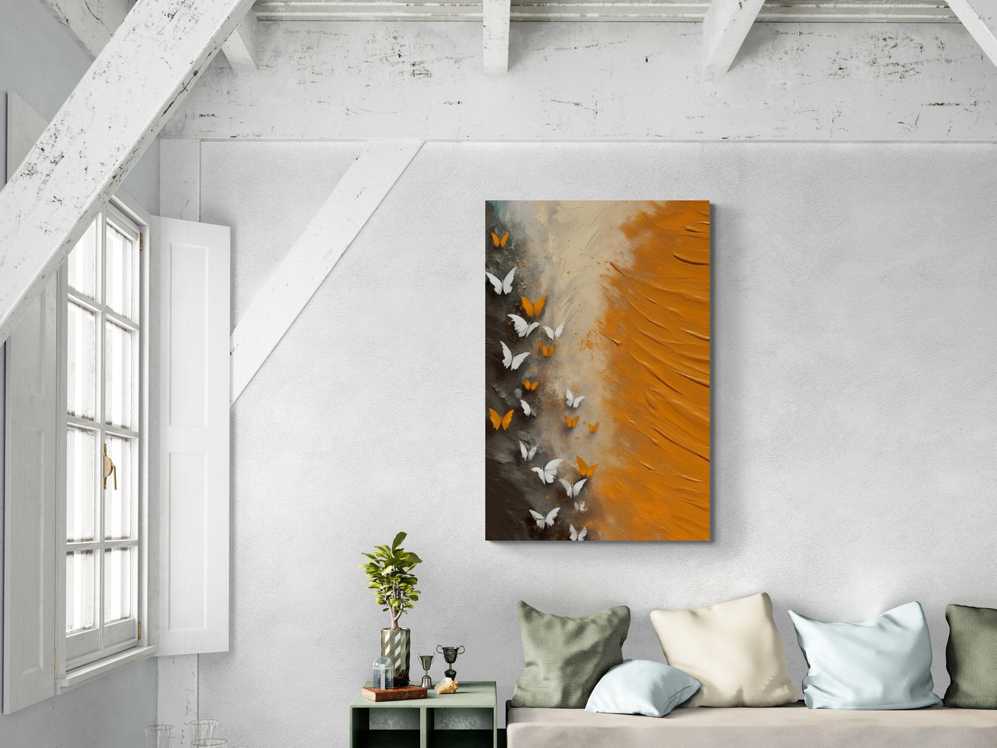 Abstract wall art, framed butterfly artwork, printable orange wall art, large floater frame canvas print, contemporary living room wall art