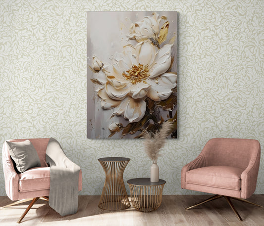 Large floral wall art, framed 3d flower artwork, printable botanical wall art, white flower oil paint canvas print, gentle bedroom wall art