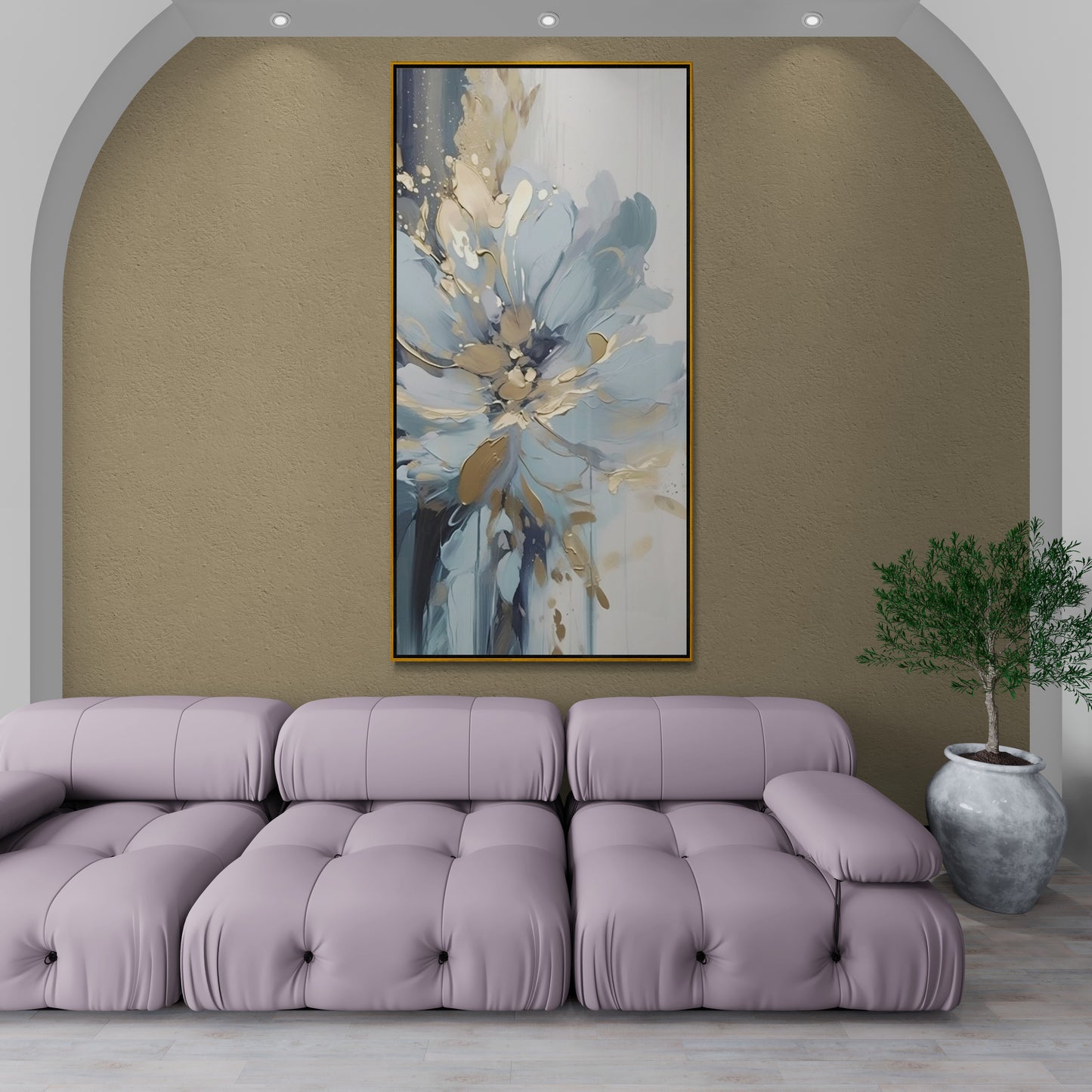 Blue flower wall art, large framed blue gold wall art, abstract floater frame artwork, calm bedroom canvas print, printable floral artwork