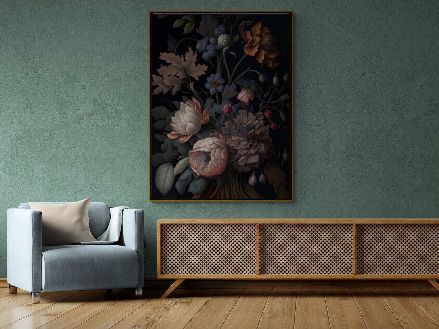 Extra large peony wall art, dark flowers print in floater frame, botanical canvas print, printed floral artwork, bedroom canvas print