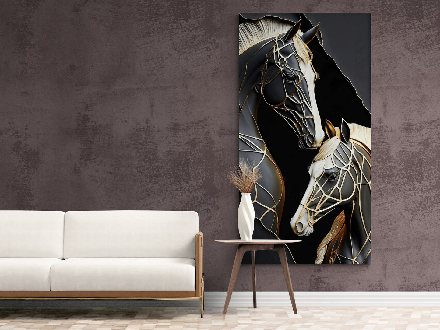 Horses canvas print, large framed animal wall art, printable couple horses artwork, black white living room wall art, stylish gift wall art