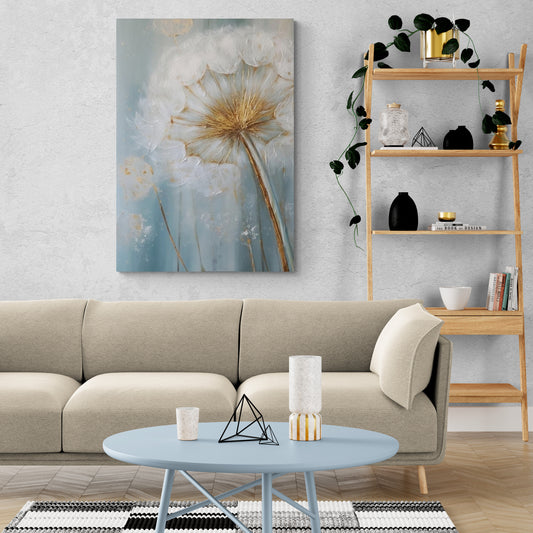 Printable dandelion wall art, large framed floral canvas print, big flower wall art, floater frame artwork, white flower wall art to bedroom