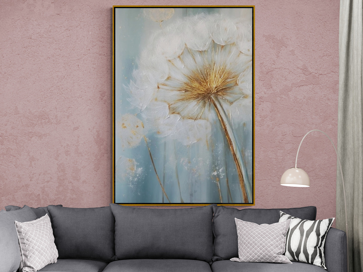 Printable dandelion wall art, large framed floral canvas print, big flower wall art, floater frame artwork, white flower wall art to bedroom