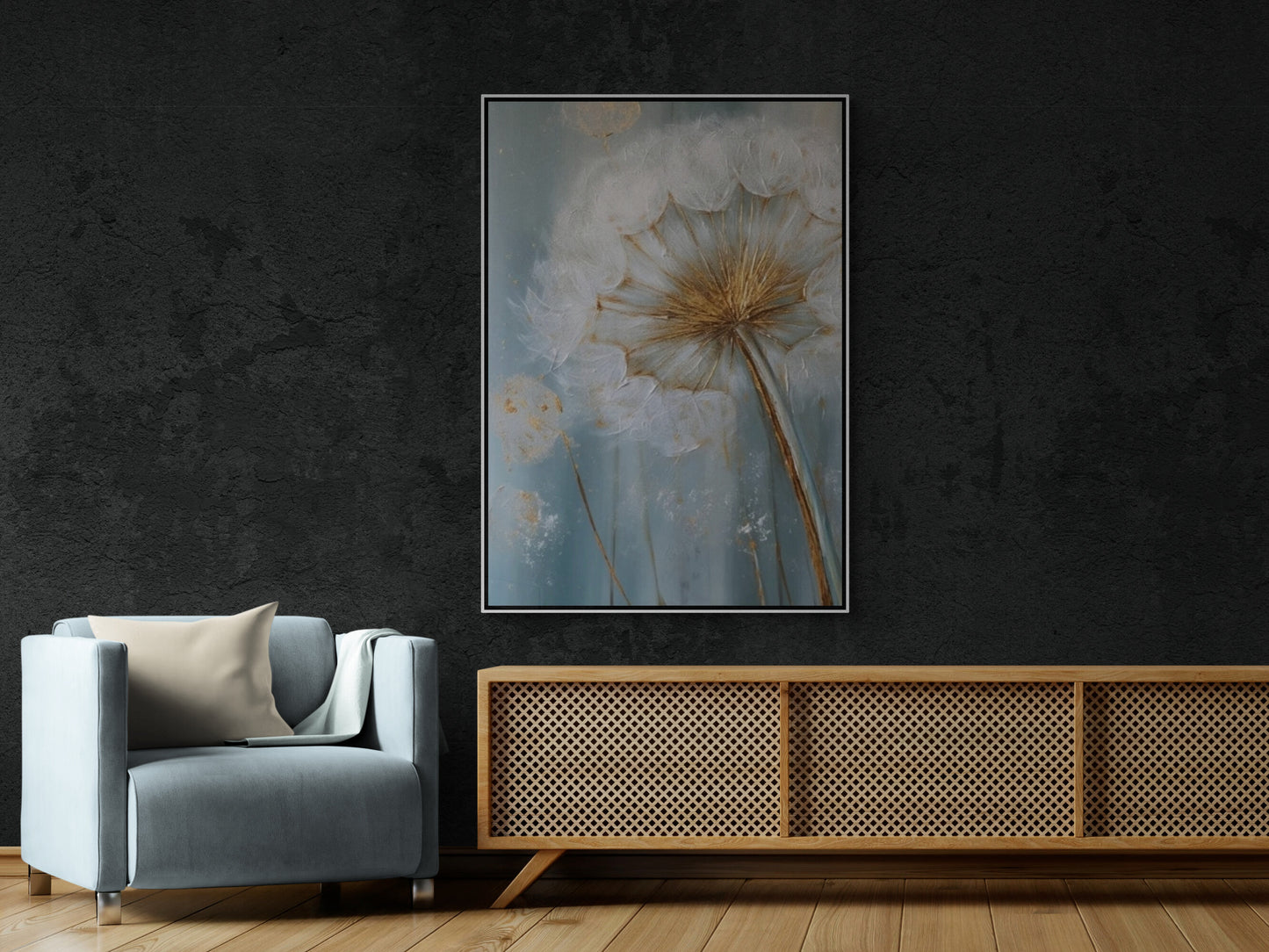 Printable dandelion wall art, large framed floral canvas print, big flower wall art, floater frame artwork, white flower wall art to bedroom