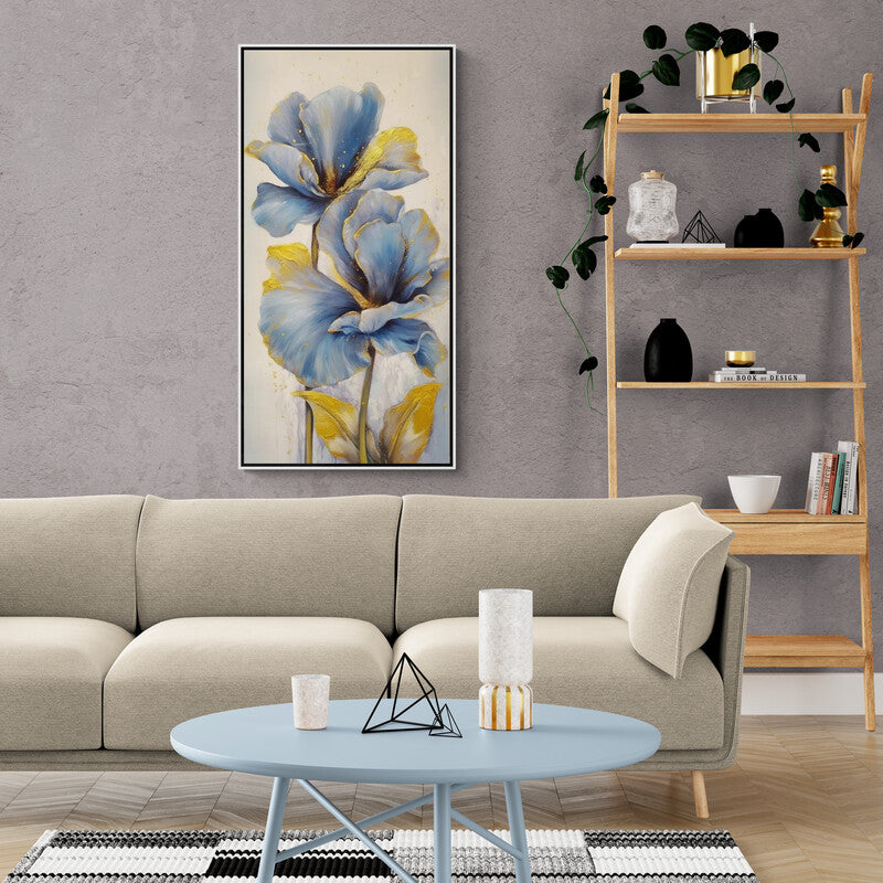 Blue flowers wall art, framed floral art print, vertical botanical canvas print, gentle flowers wall art, godmother gift