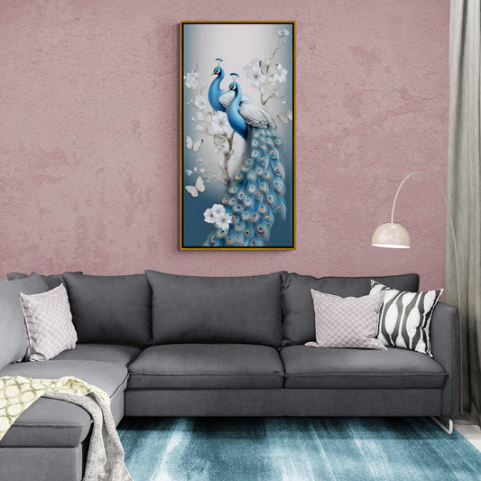 Birds wall art, framed wall art with peacock image, animals art print, large vertical canvas print, living