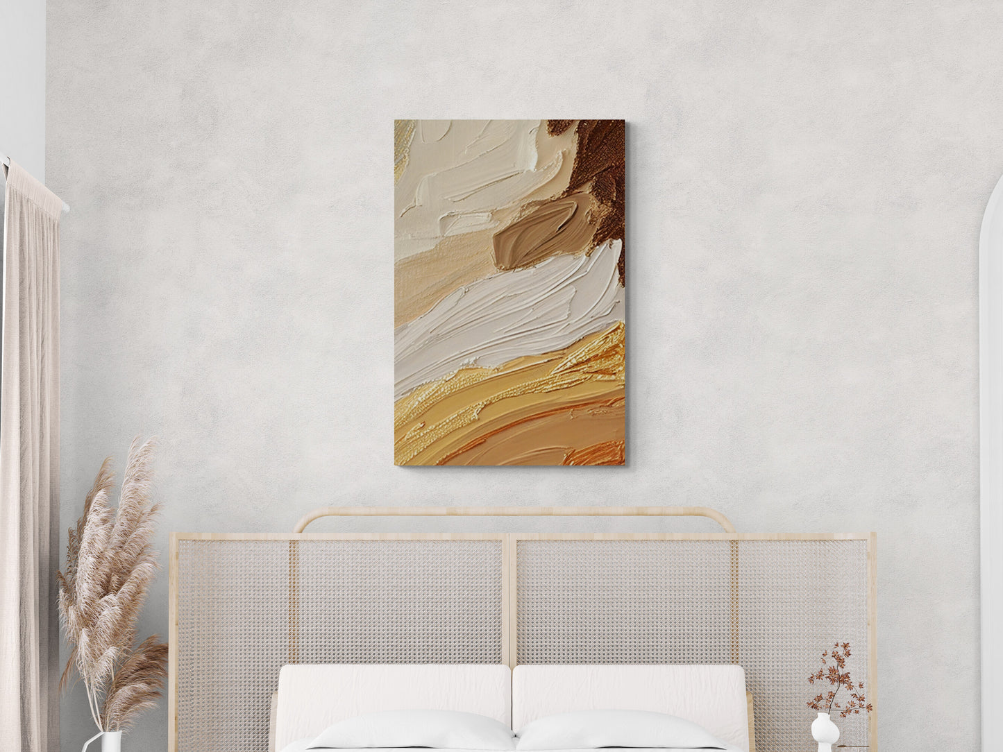 Abstract oil painting effect wall art, framed 3d effect canvas print, artwork in beige orange and brown colors, gold frame wall art, gift for him