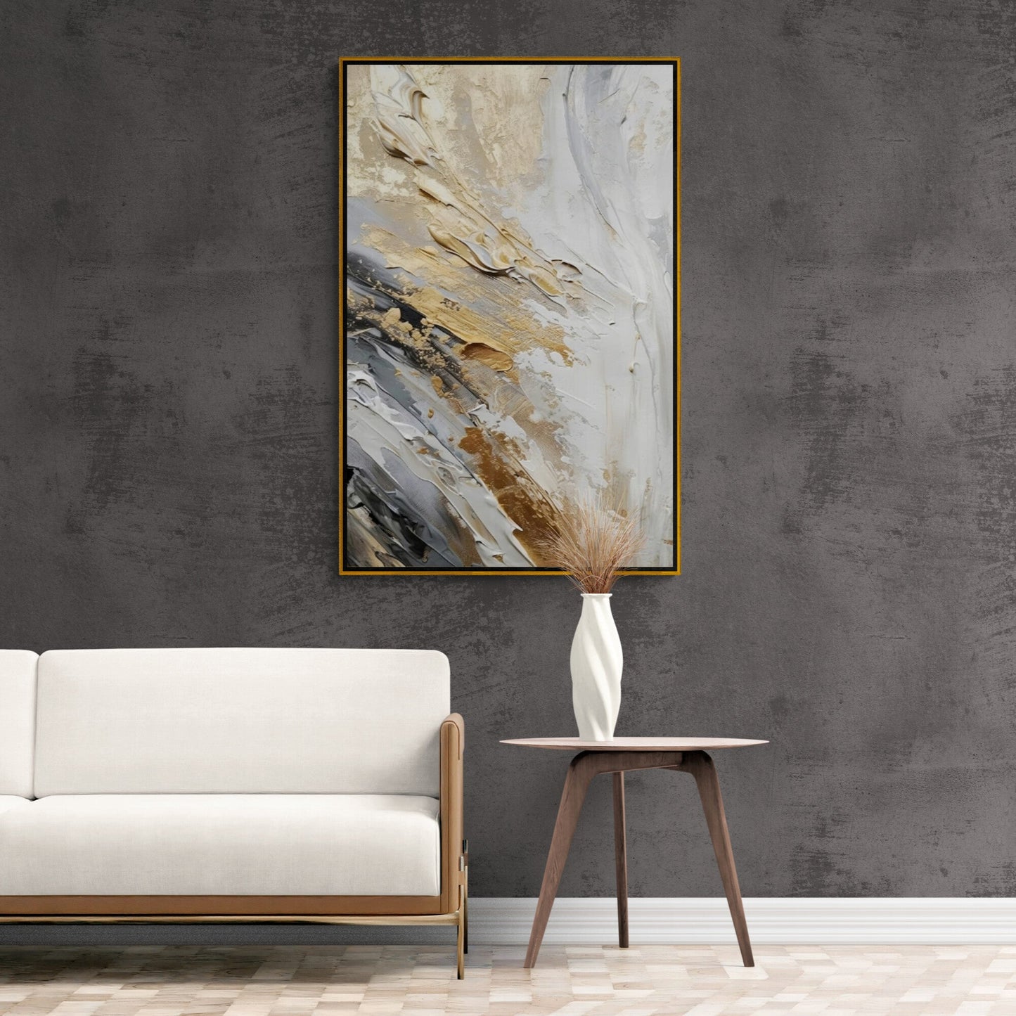 Abstract gold and gray wall art, framed contemporary canvas print, oil effect painting wall art, gift for men