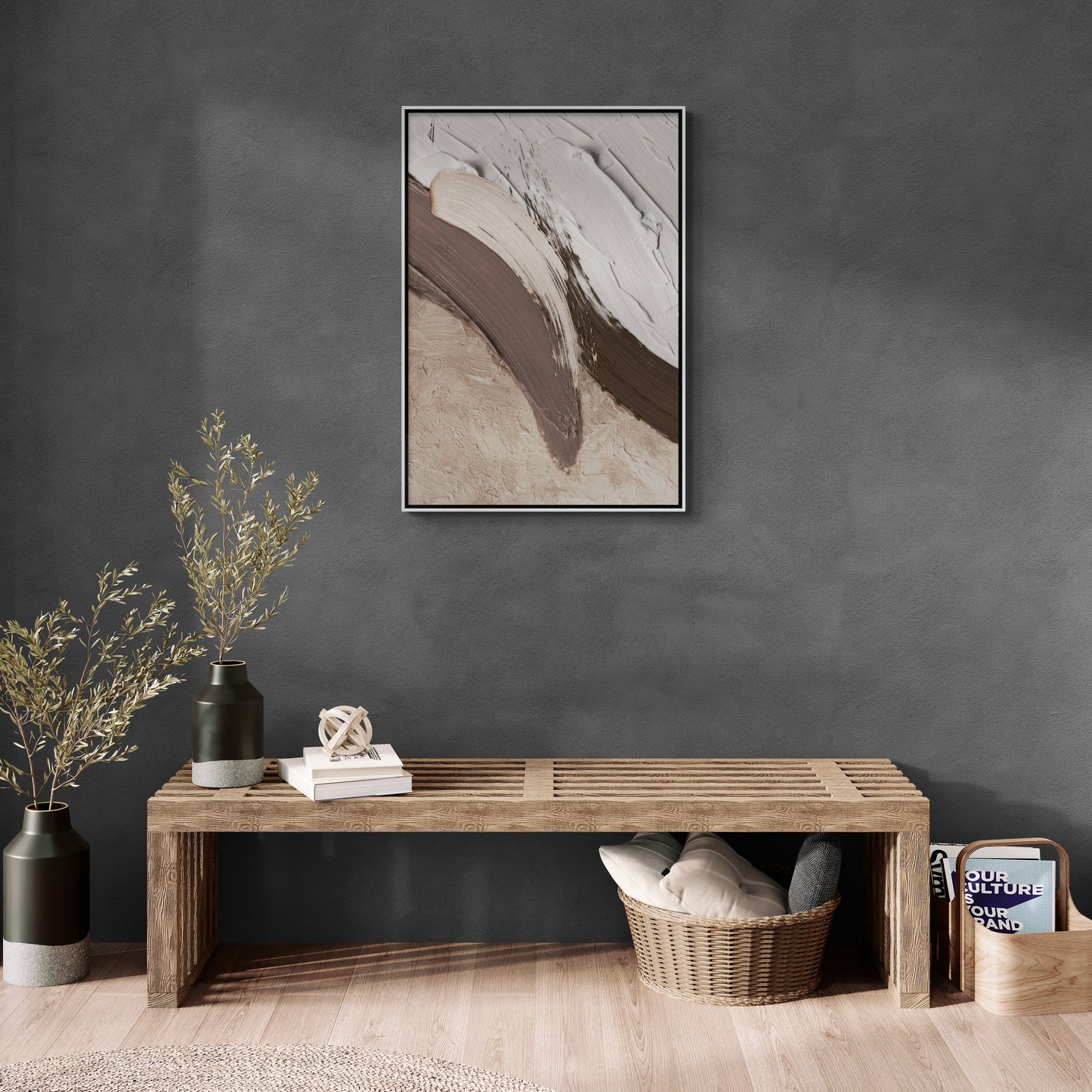 Abstract wall art, oil painting print, framed 3d effect artwork, white and brown canvas print, above bed wall art, living room wall art, gift for husband