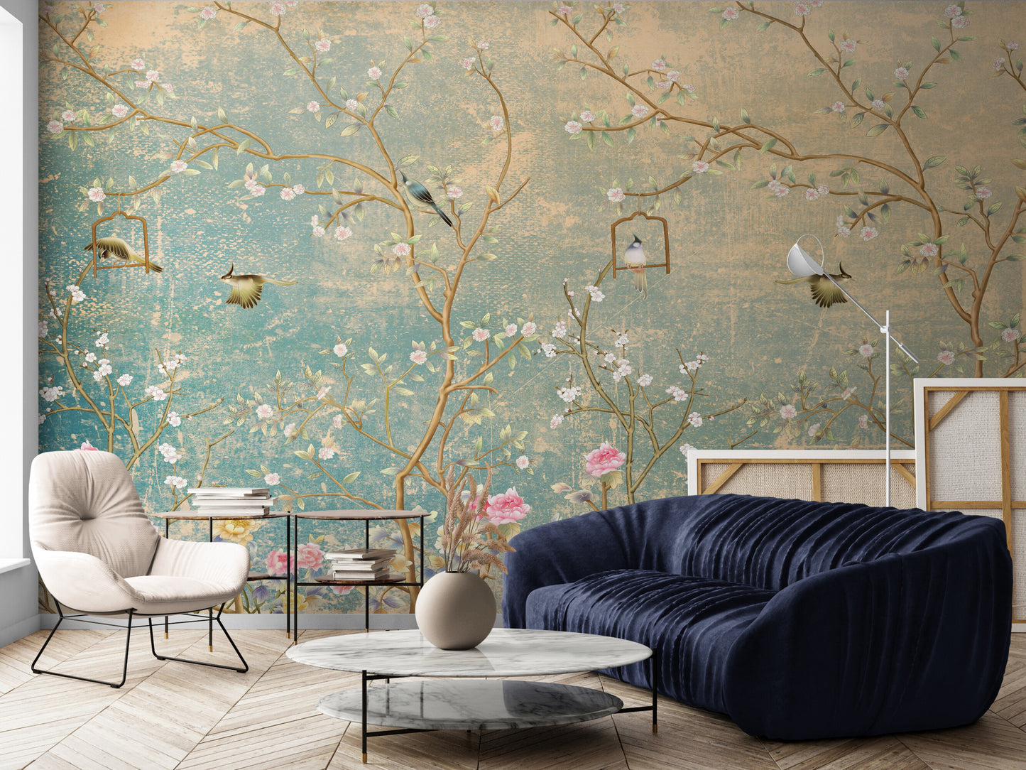 Chinoiserie wallpaper mural, large wallpaper with birds and trees, Asian botanical wall mural, accent removable wallpaper, self adhesive wallpaper, canvas peel and stick wall mural