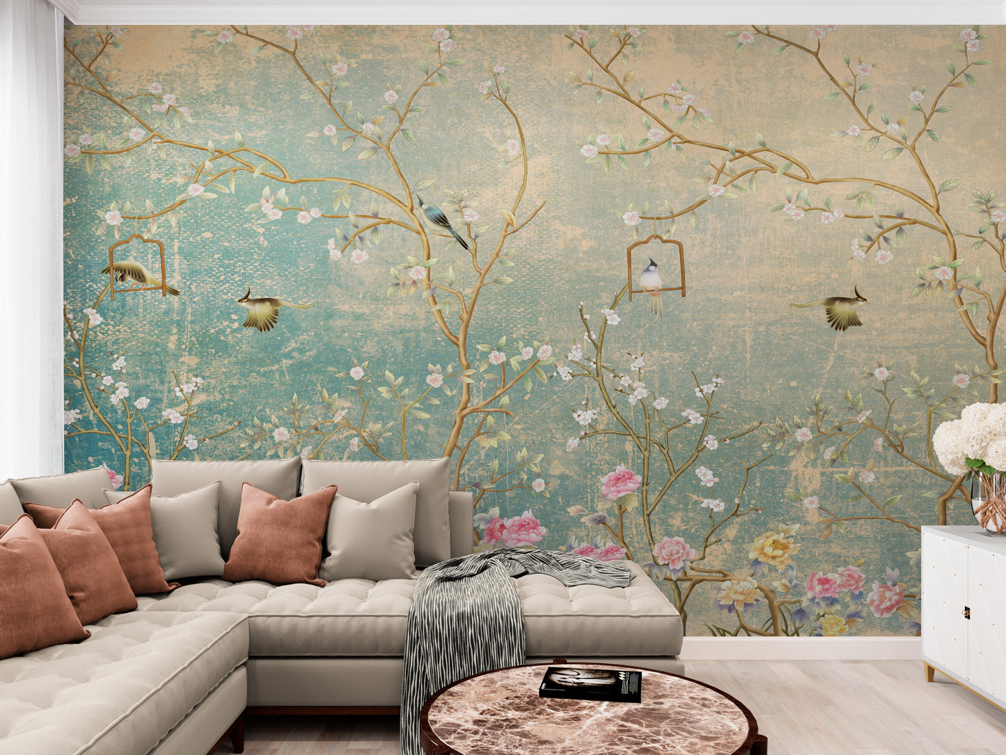 Chinoiserie wallpaper mural, large wallpaper with birds and trees, Asian botanical wall mural, accent removable wallpaper, self adhesive wallpaper, canvas peel and stick wall mural