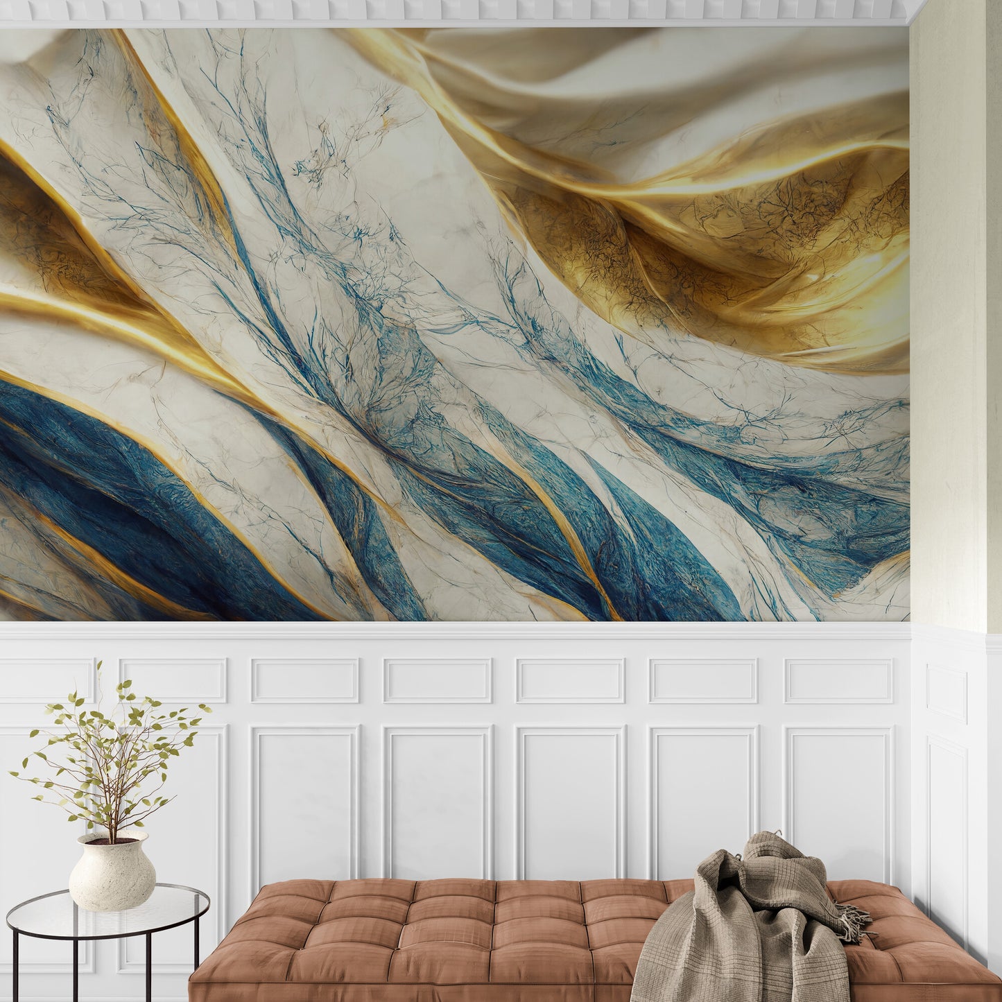 Extra large abstract wallpaper for living room, bedroom, ofice, blue, gold and white wall mural, 3d effect wallpaper