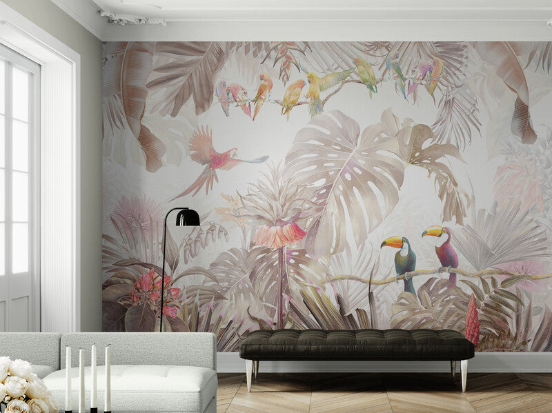 Botanical self adhesive wall mural, peel and stick nature wallpaper, accentual tropical wallpaper, removable wallpaper with birds