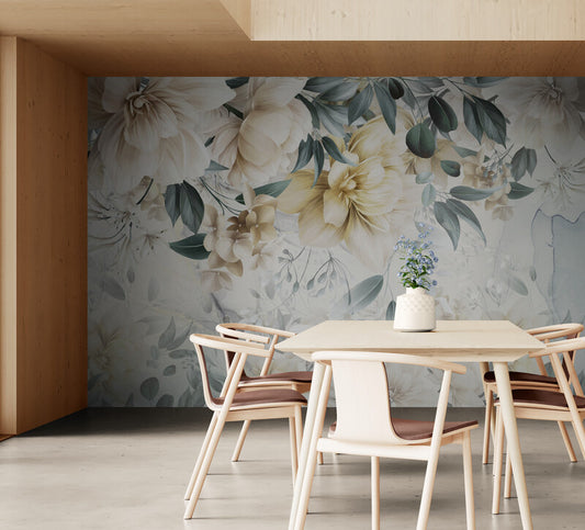 Large floral wallpaper, peel and stick botanical wall mural, temporary wallpaper with flowers, peel and stick wallpaper, canvas wallpaper