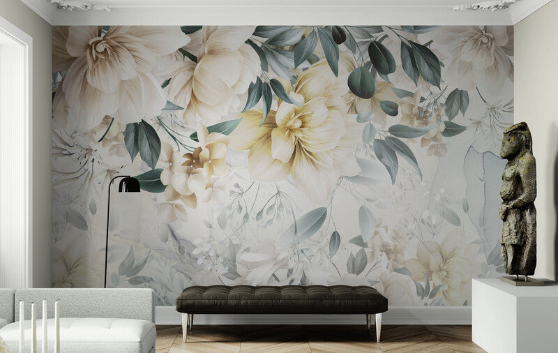 Large floral wallpaper, peel and stick botanical wall mural, temporary wallpaper with flowers, peel and stick wallpaper, canvas wallpaper