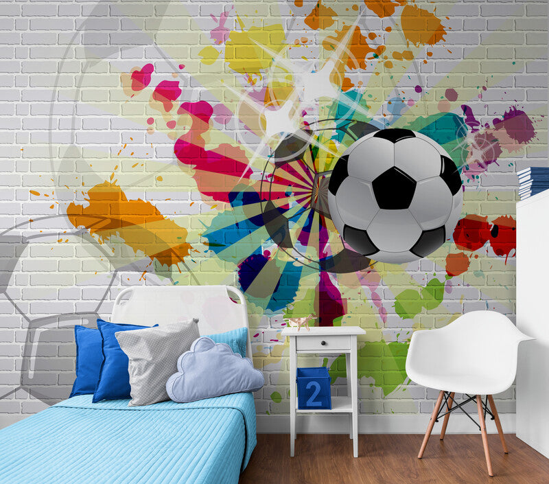 Peel and stick kids wallpaper, nursery wall mural, sport wallpaper, colorful wallpaper with soccer ball, accentual football wallpaper