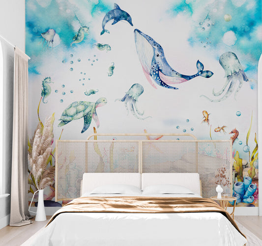 Extra large nursery wallpaper, self adhesive kids wall mural wirh underwater world, peel and stick wallpaper, accentual wallpaper for child bedroom