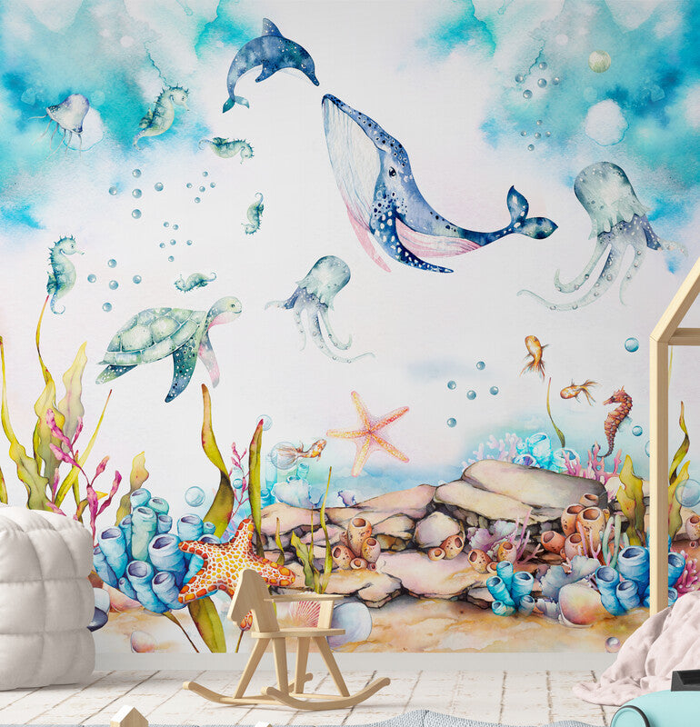 Extra large nursery wallpaper, self adhesive kids wall mural wirh underwater world, peel and stick wallpaper, accentual wallpaper for child bedroom