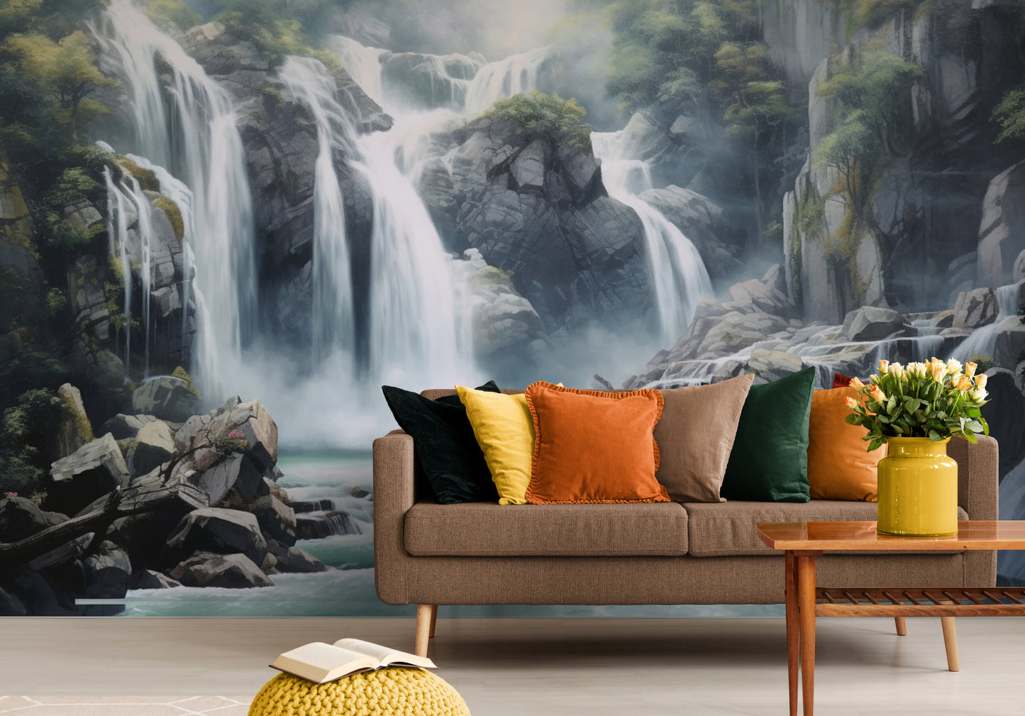 Waterfall wallpaper mural, wallpaper with mountains, peel and stick nature wall mural, self adhesive accent wallpaper, living room wall mural