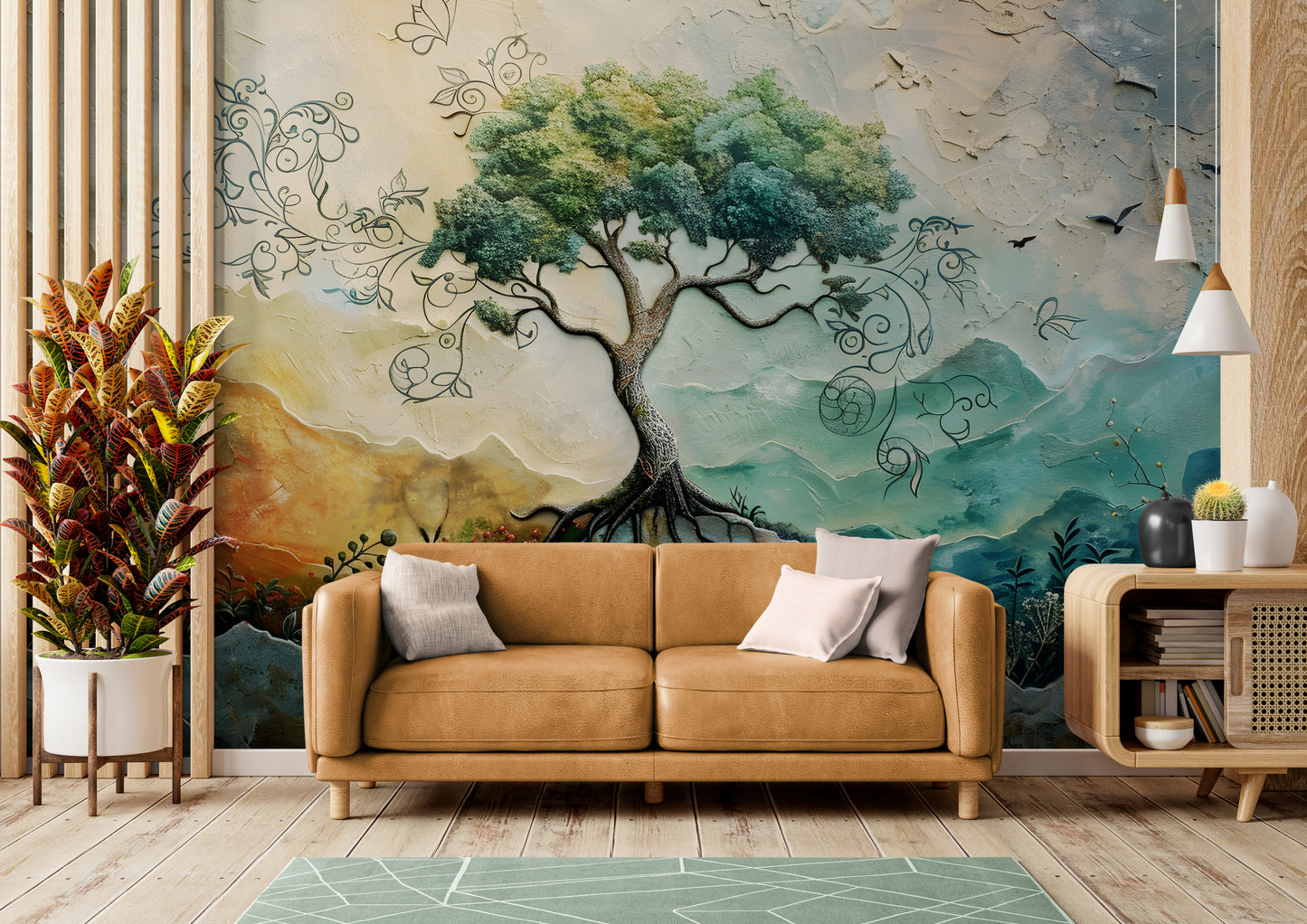 Tree of life wallpaper, botanical peel and stick wall mural, self adhesive wallpaper with large tree image, removable wallpaper mural, colorful nature wall mural, accent wallpaper