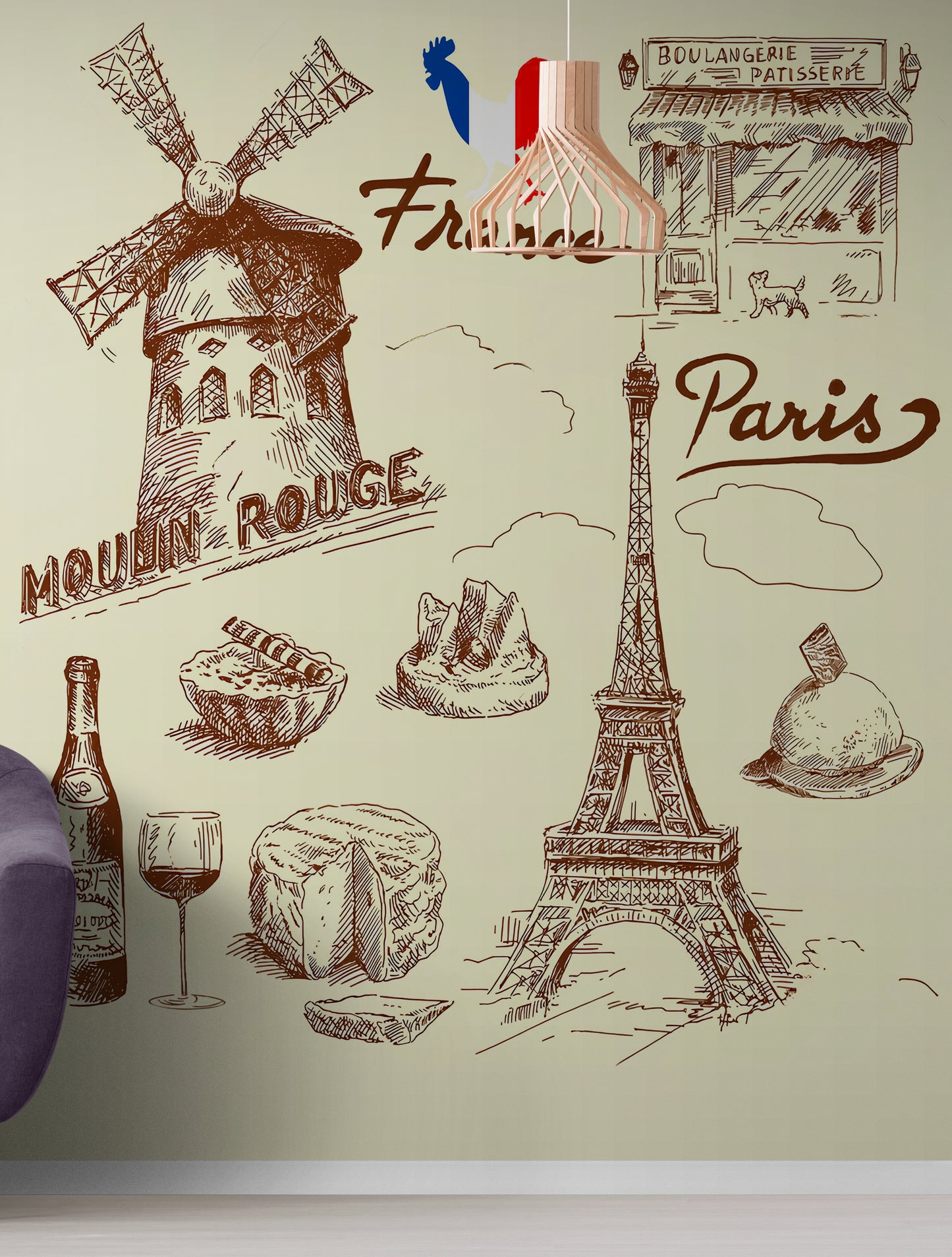 Kitchen wallpaper, peel and stick wall mural with Paris motifs, self adhesive wallpaper with France food image, accent wall mural for dining room, removable wallpaper mural