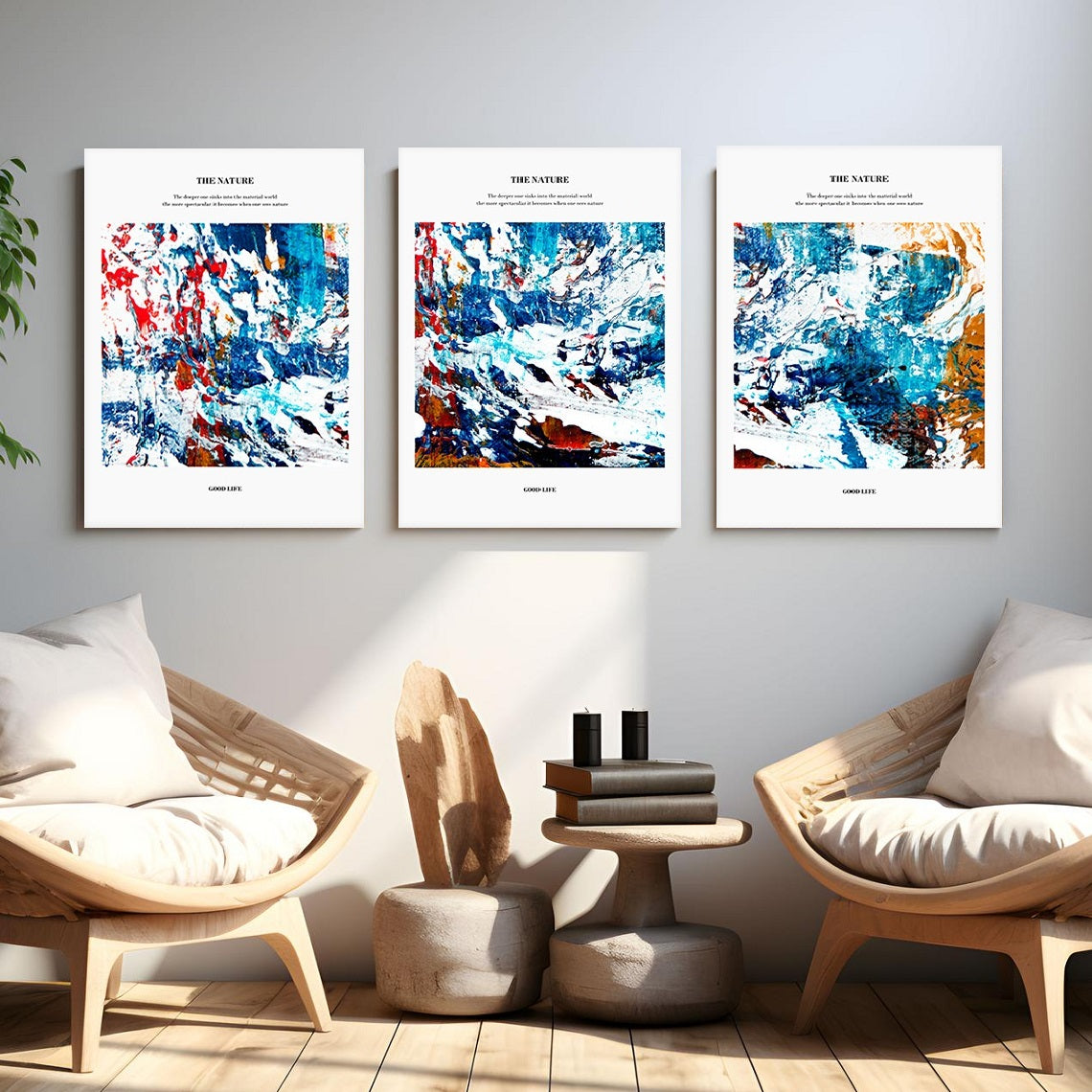 Abstract 3 piece canvas wall arts, framed blue printable artwork, set of three floater frame prints, three colorful framed artworks for home