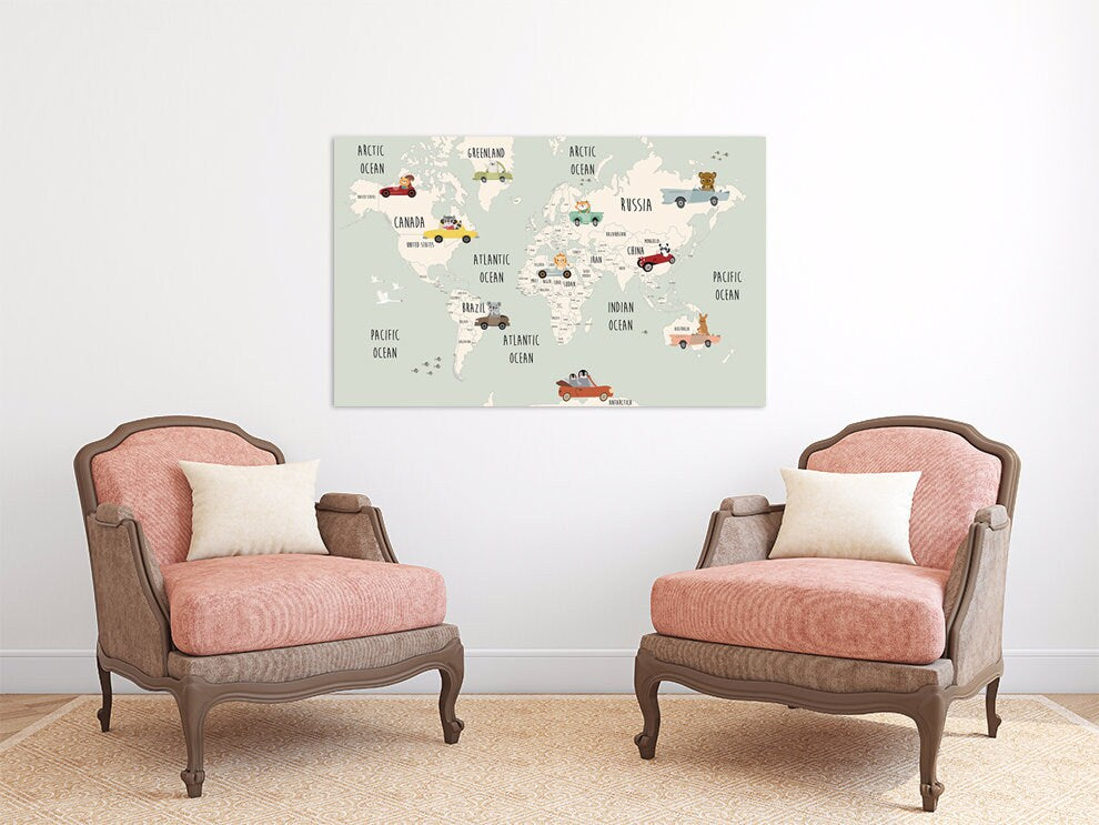 Children's world map wall art paintings on canvas, nursery wall art, world map wall art,  home wall decor, canvas painting, world map canvas