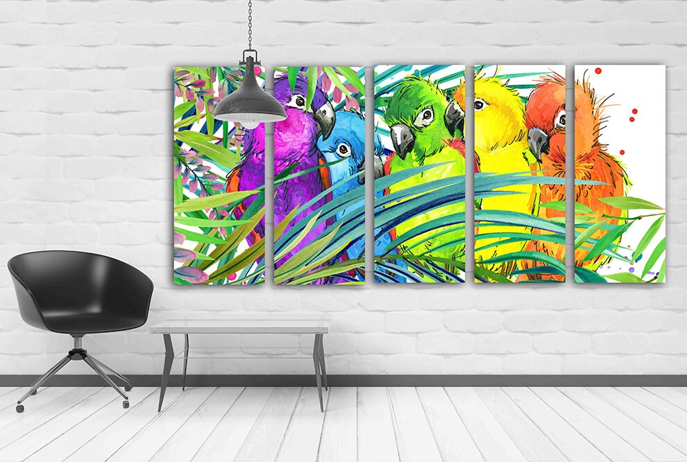 Bird wall art, Parrot wall art paintings on canvas, tropical wall art, home wall decor canvas painting bright wall art extra large wall art