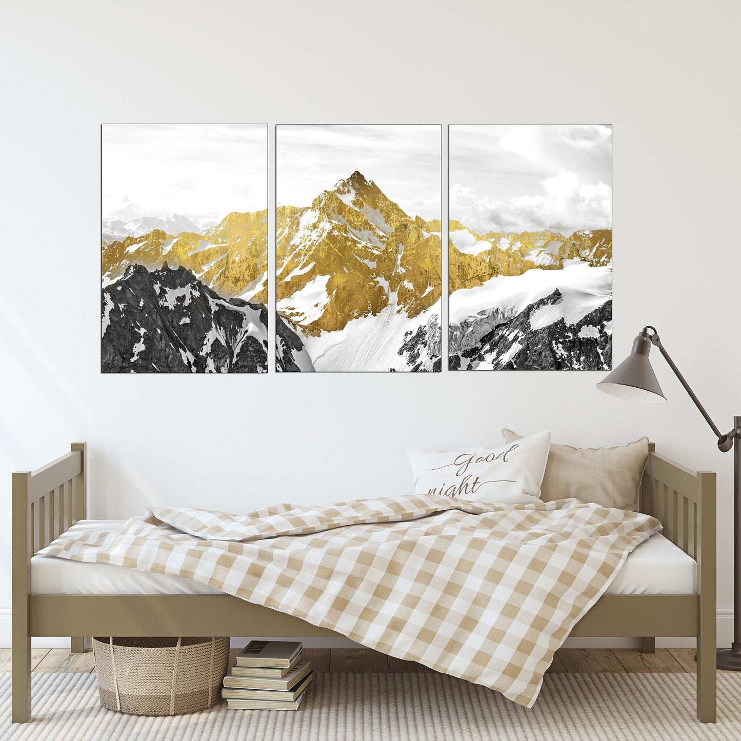 Gold mountains wall art paintings on canvas, wall pictures mountains, nature wall art, home wall decor, mountain art print