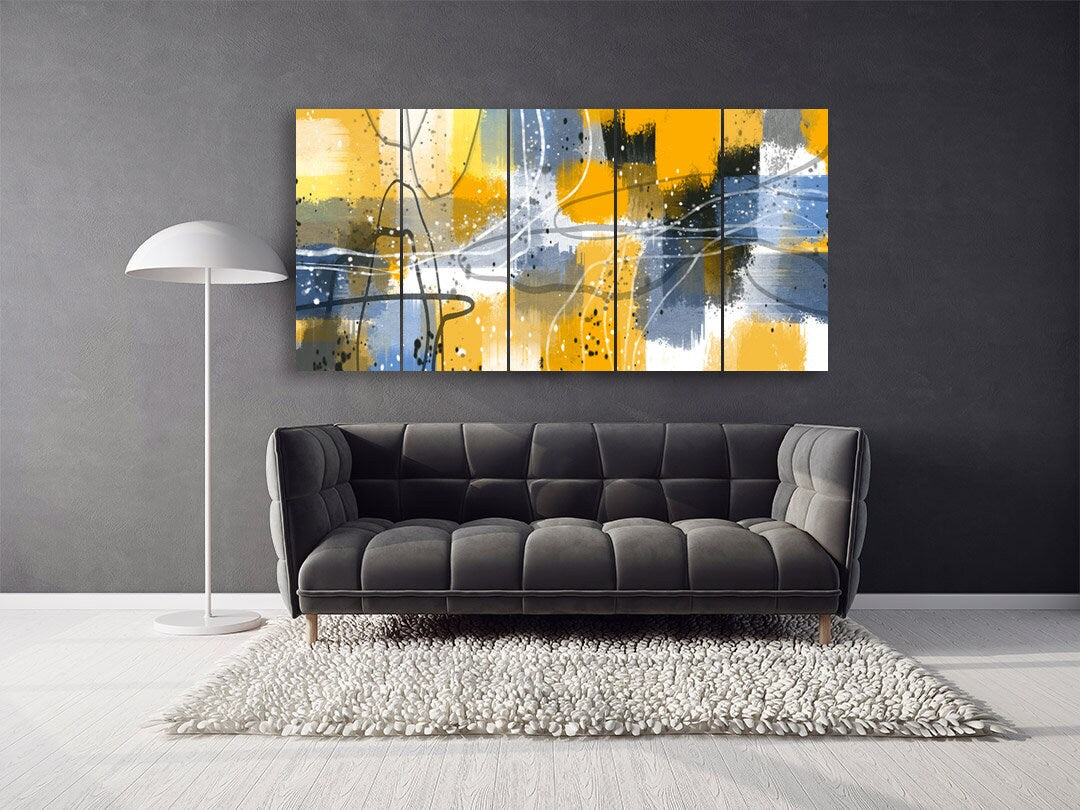 Blue and yellow rainbow clip art  Large wall art framed abstract Modern abstract art Multi panel canvas Abstract wall art Abstract painting