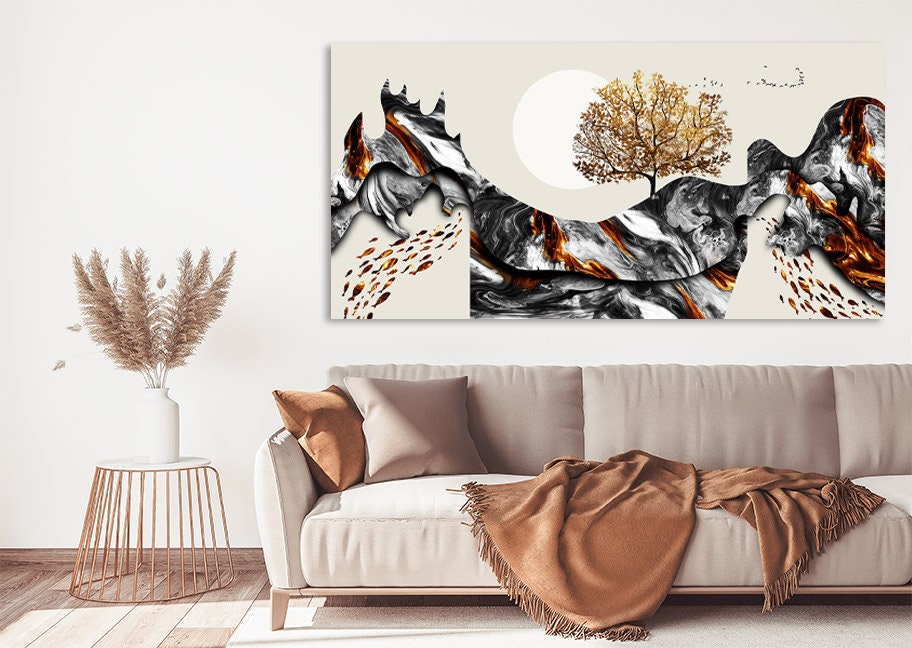 Gapanese wall art Goldfish print Mountain wall decal ridge mountains line art wall print Modern abstract canvas painting