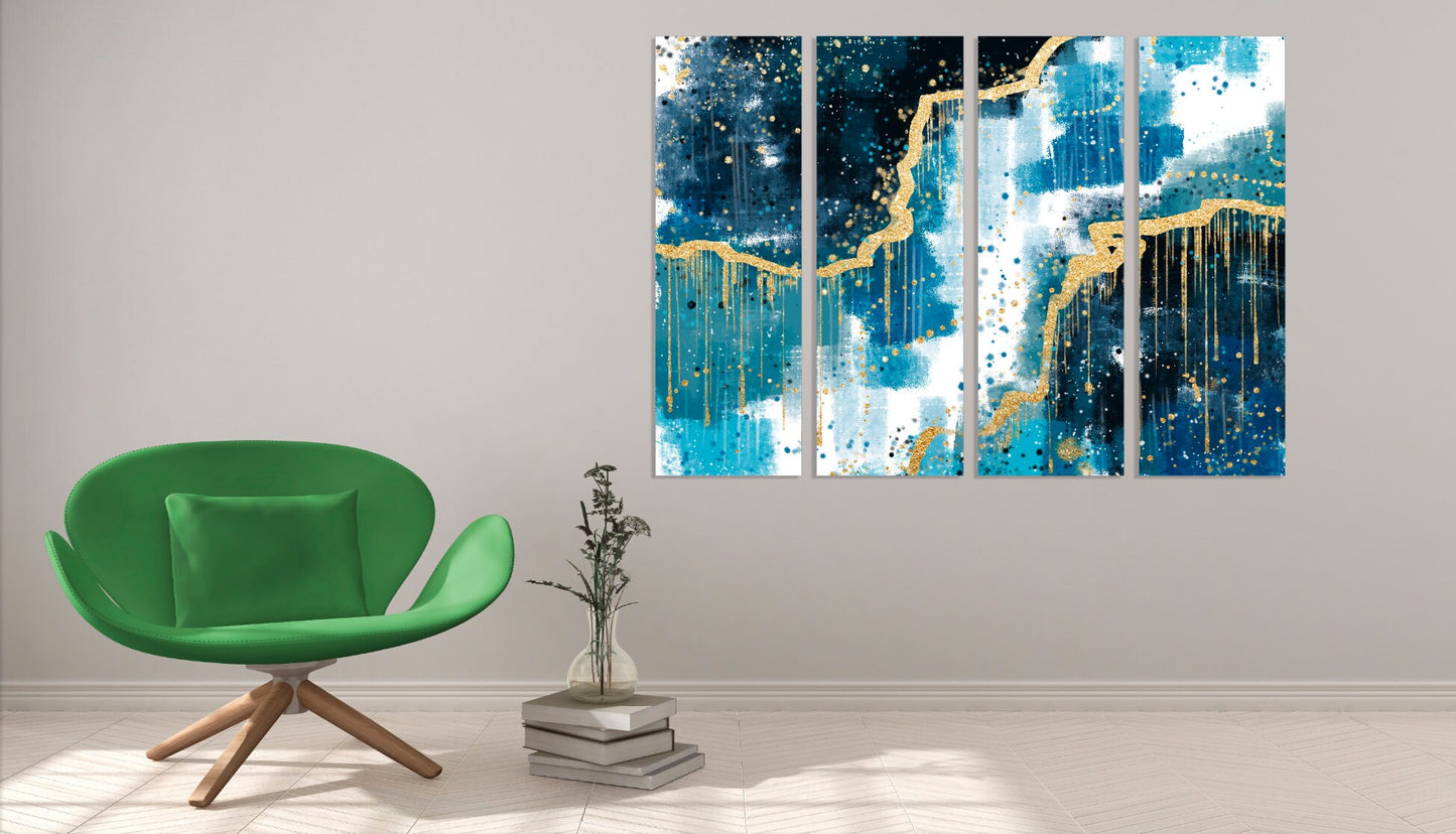 Home wall decor Abstract colorful painting large Expressionist painting 3 piece frame canvas Large abstract painting blue and gold