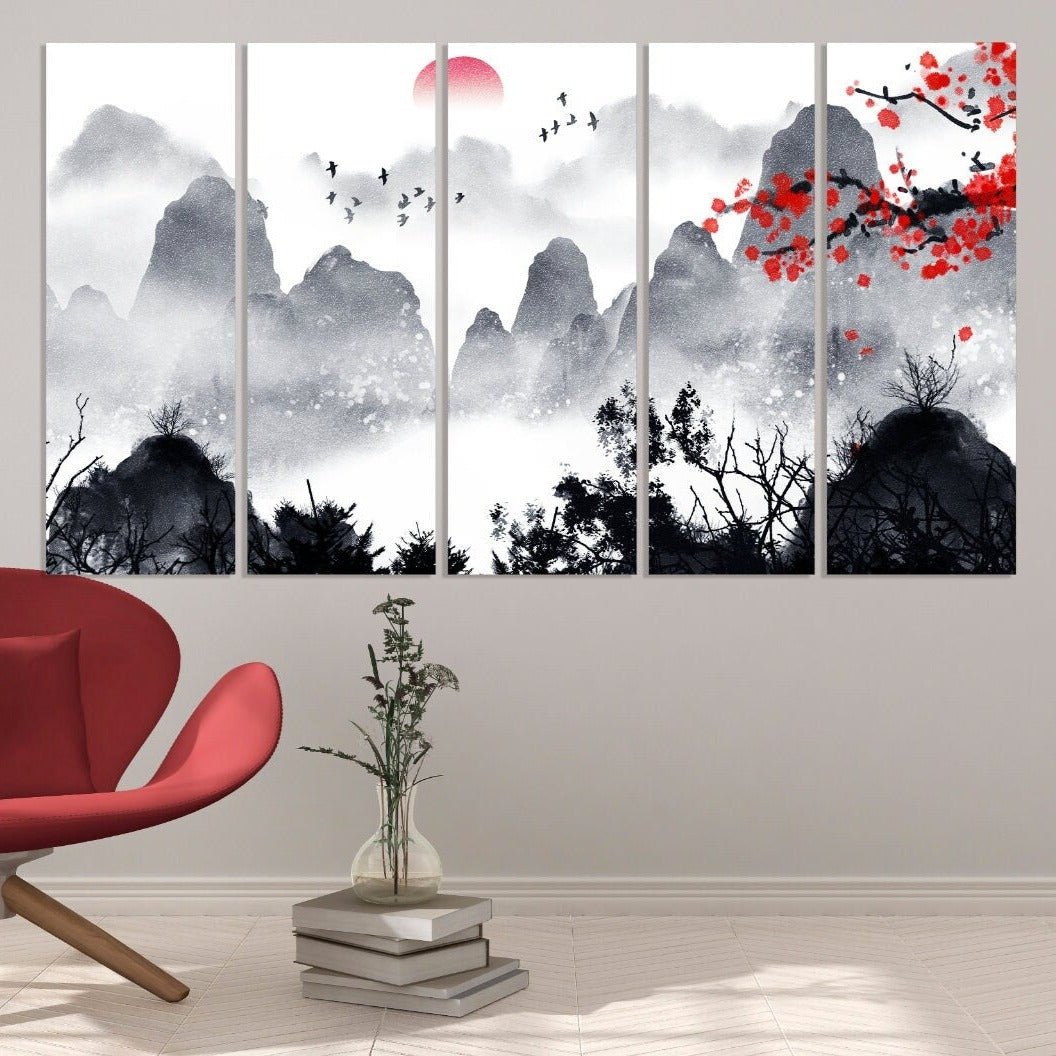 Sakura blossoms Outdoors mountains wall art Home wall decor Rocks and mountains 3 piece frame canvas Mountains posters