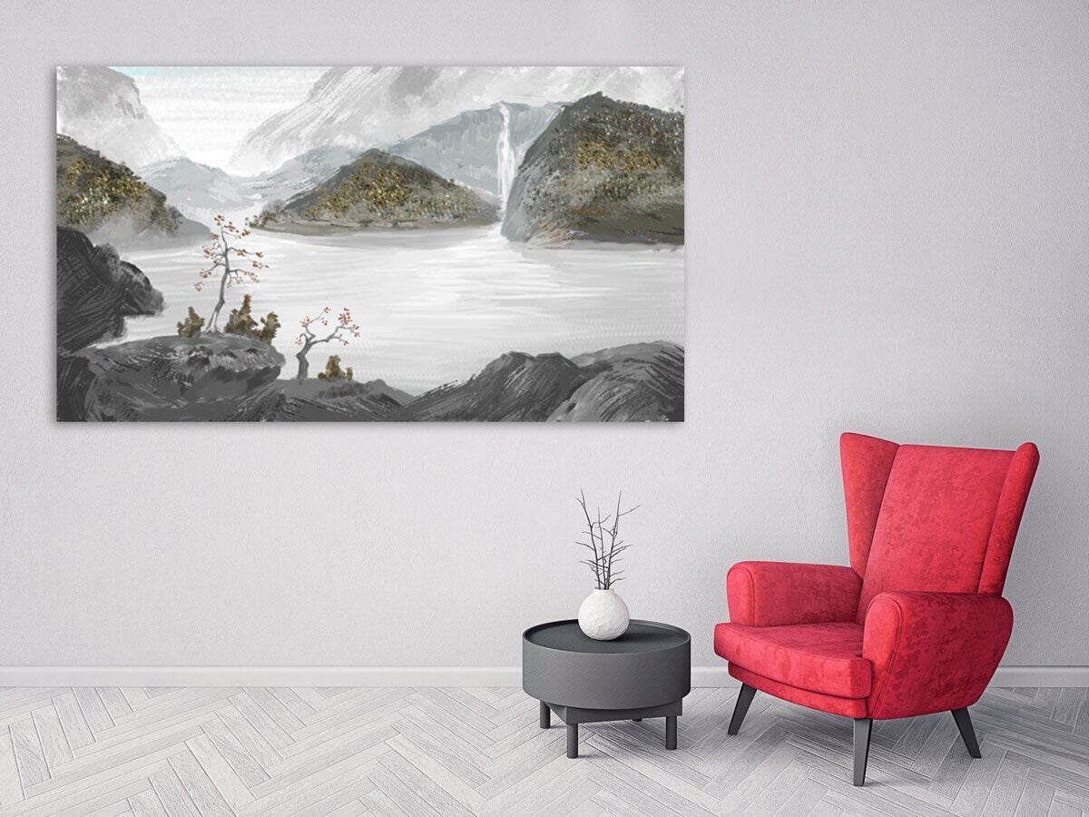 Smoky mountains wall art, Rocks and mountains сanvas painting, bedroom wall decor calm horizontal art