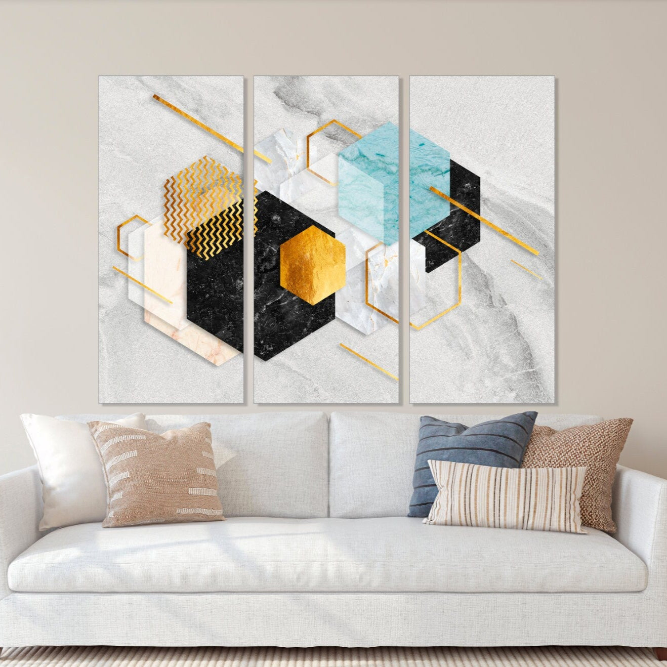 Blue gold wall art, marble minimalism abstract wall art, geometric art print, trend wall decor, extra large canvas painting