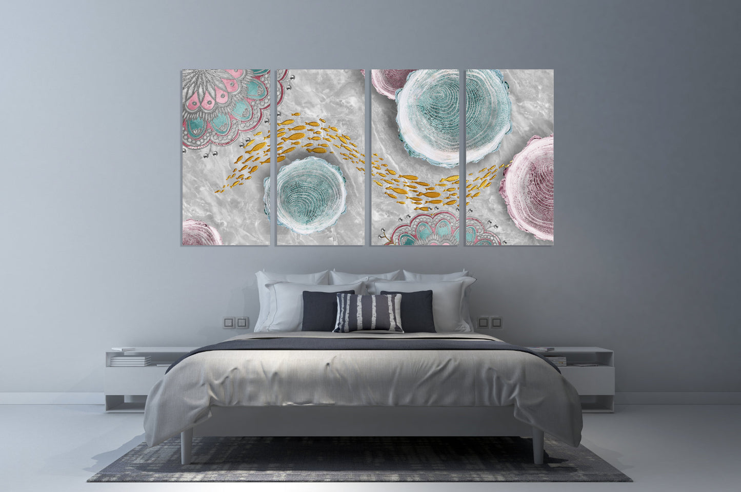 Japanese wall art, asian goldfish art, abstract canvas painting, horizontal home decor wall art, extra large multi panel wall art