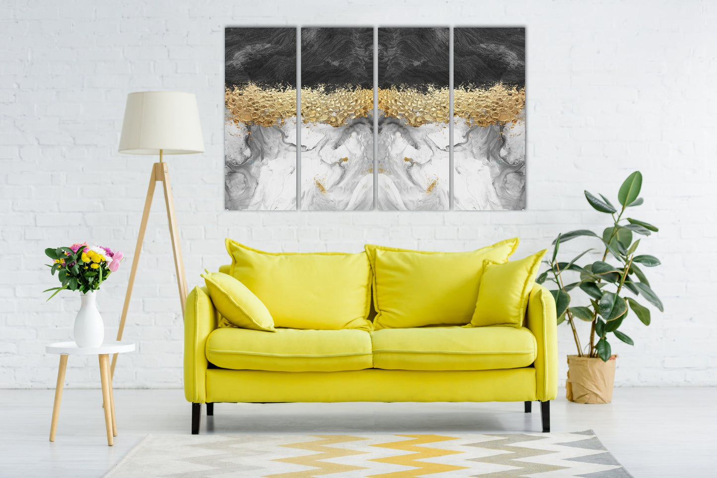 Black white and gold abstract oversized wall art, modern extra large canvas painting