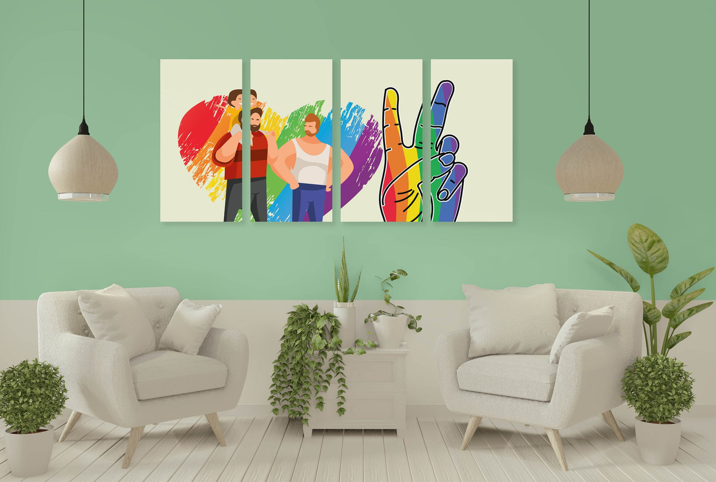 Gay male wall art, gay couple poster, love paintings, heart wall decor, multi panel canvas wall art