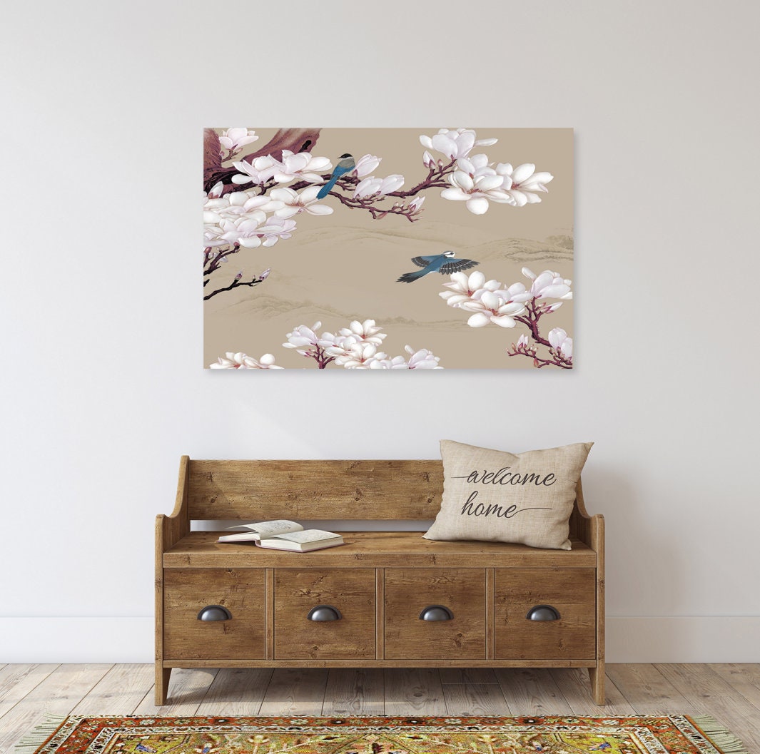 Magnolia painting, floral wall art, japanese wall art canvas, japanese prints wall art asian wall art huge wall art