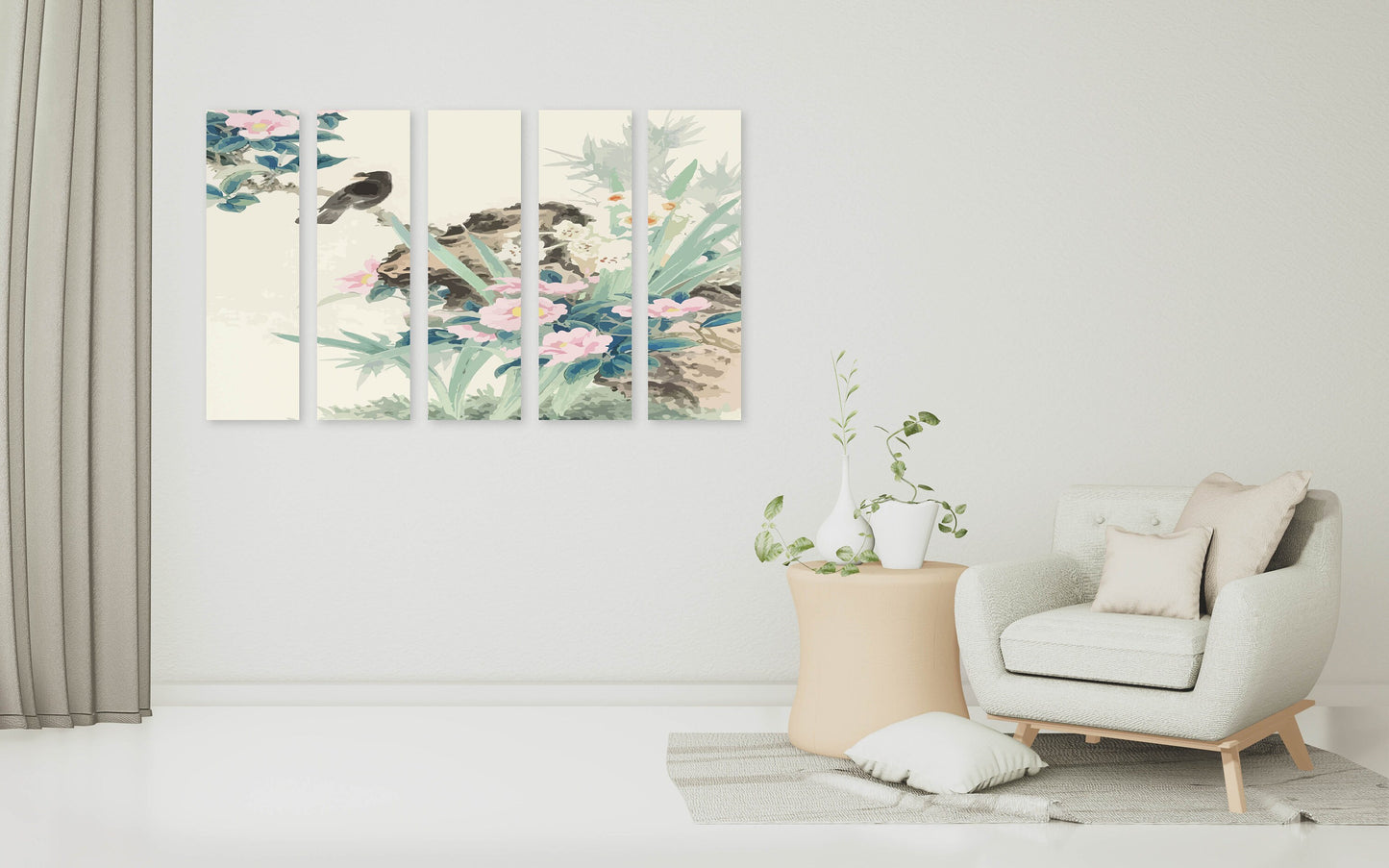 Floral asian wall decor, sakura bonsai tree wall art, sakura blossoms canvas painting japanese wall art bird prints wall art gift home decor