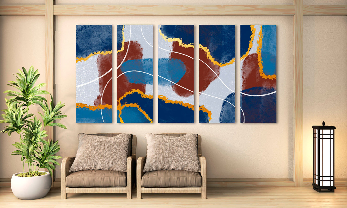 Extra large absrtact multi panel canvas wall art, modern set of three prints in blue and brown colors, colorful wall artwork for gift