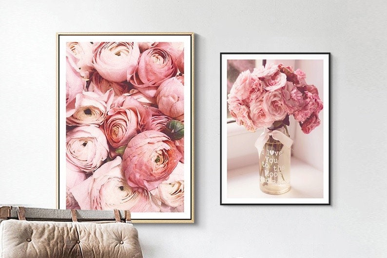 Set of three floral print wall arts in floating frame, modern framed floral artwork, bink flowers canvas print, inspiritual saing wall art