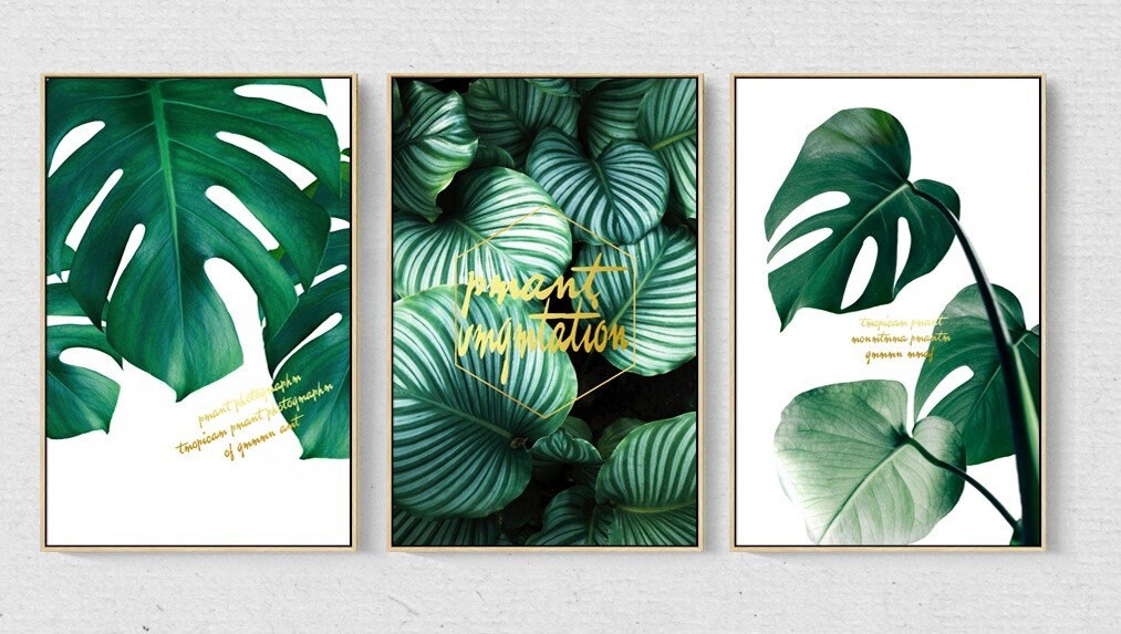 Three piece plant wall prints in floating frame, modern minimalist framed botanical artwork, original green printable set of 3 canvas arts