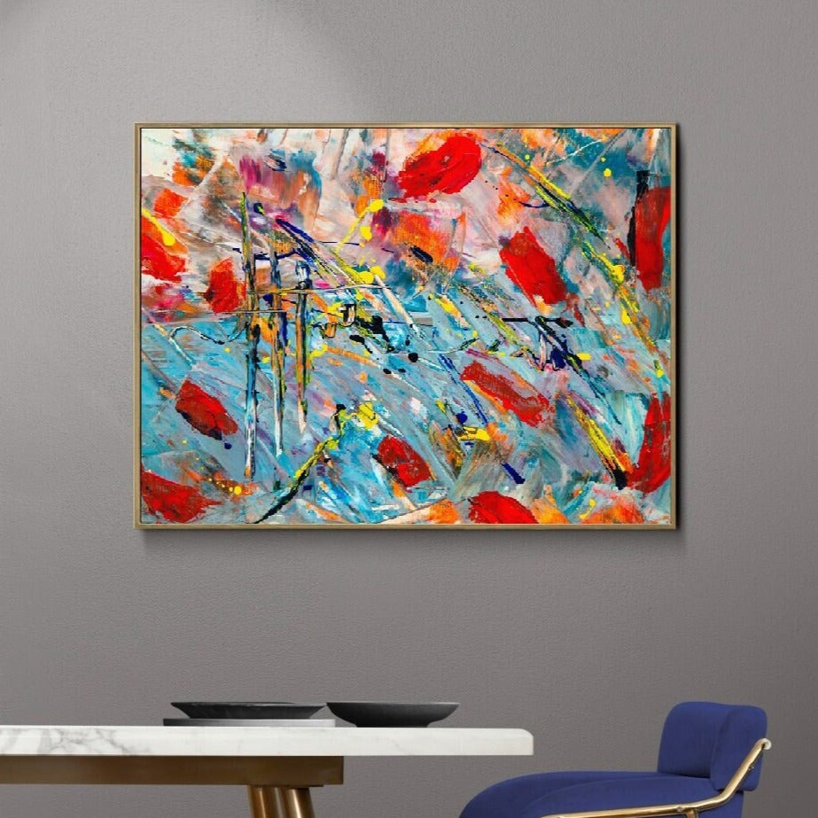 Modern oil painting hanging wall art, abstract multi colored framed art print in floating frame, extra large colorful abstract wall art