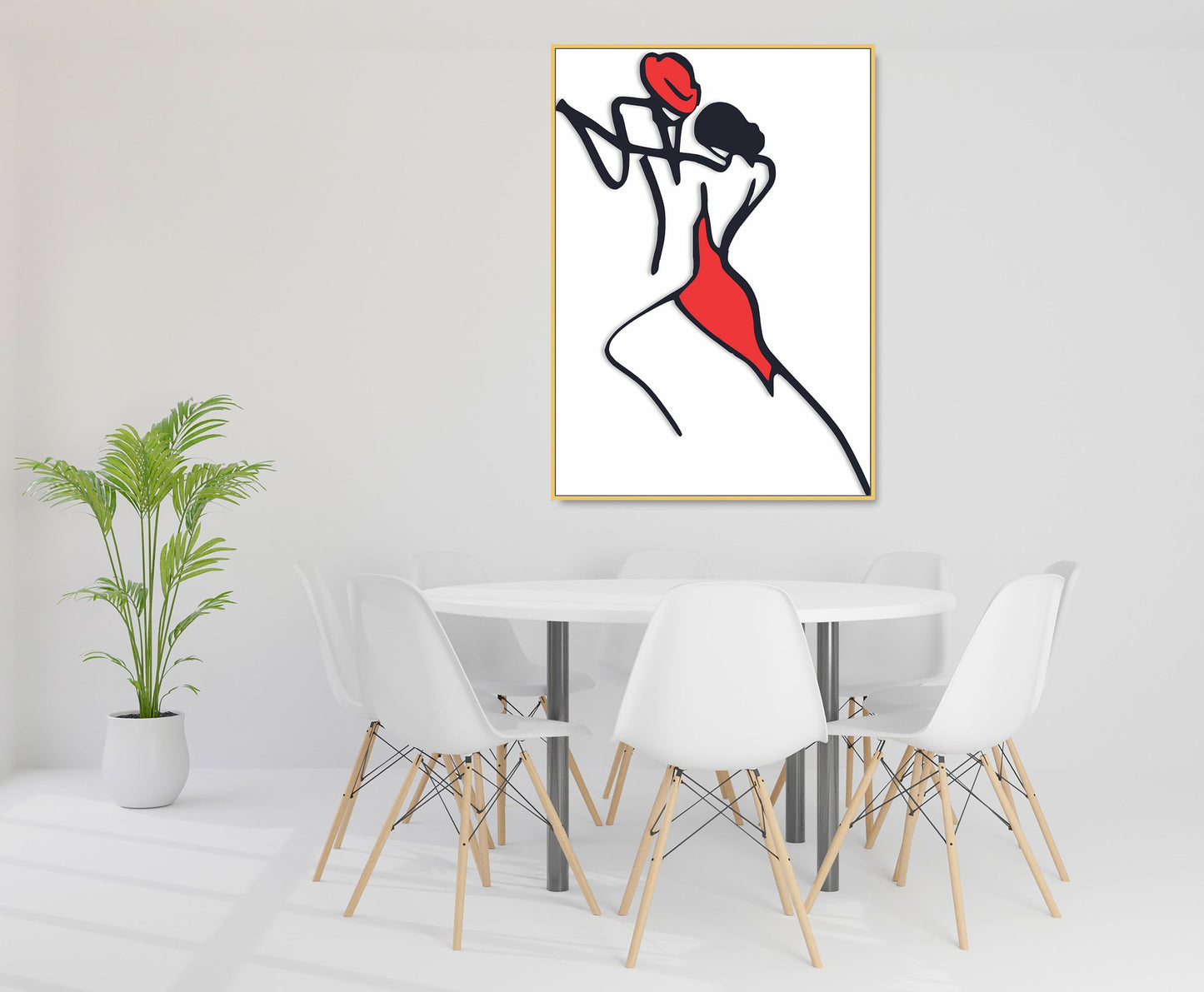 Abstract couple wall art, modern framed one line canvas artwork, black red printable wall hanging decor in floating frame, love wall art