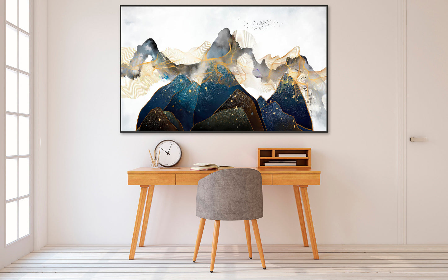 Blue mountains wall art, modern smoky mountains framed canvas wall hanging decor, extra large floater frame nature wall art home wall decor